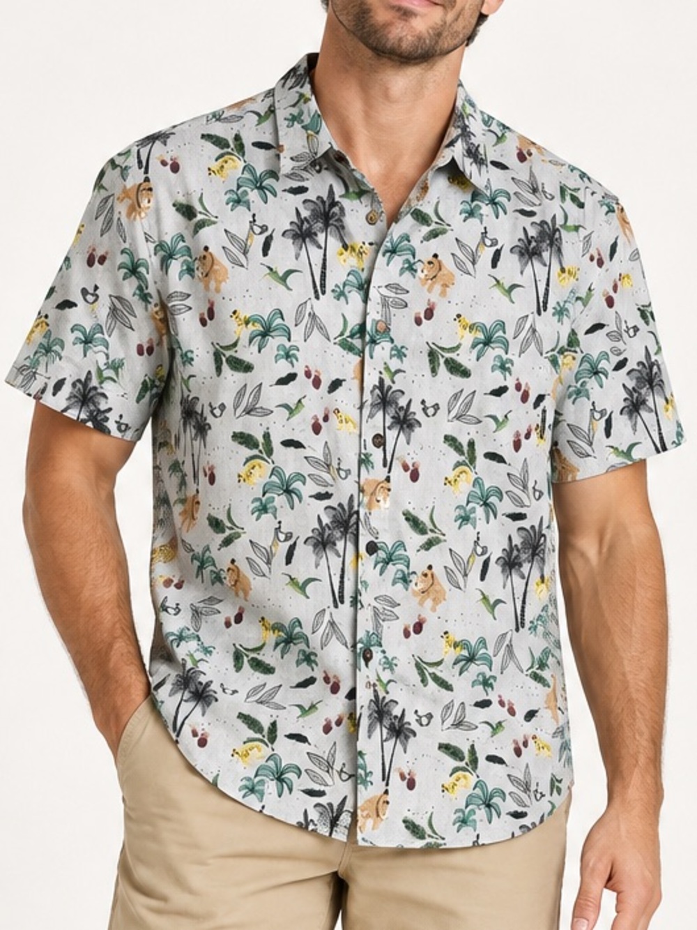 Baja Llama Short Sleeve Slub Cotton Button Down Shirt Sz. L